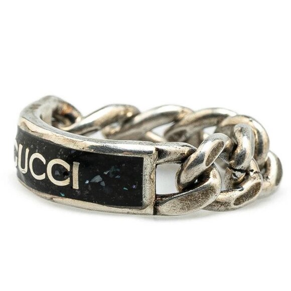 GUCCI Logo Black Plate Chain Ring size US10 Silver 925 Auth w/Box #09505 - Picture 3 of 7
